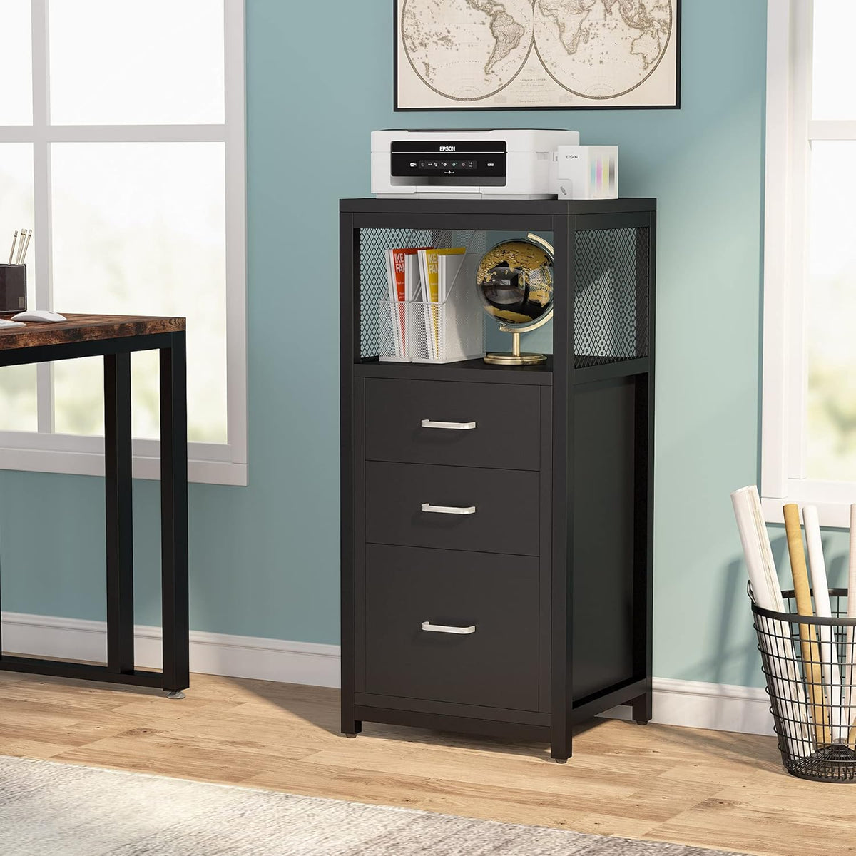 Black 3 Drawer Vertical File Cabinet with Metal Wire Storage Shelves X48241