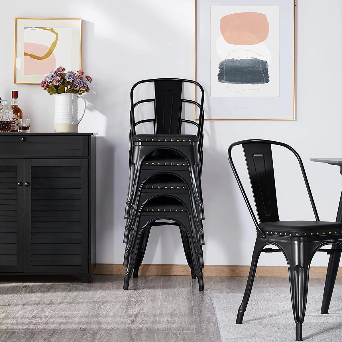 Black Metal Dining Chairs with PU Leather Seat Q417