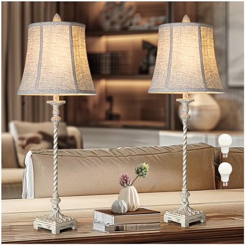 Set of 2 33'' Tall Ivory White Linen Fabric Table Lamps Y63485