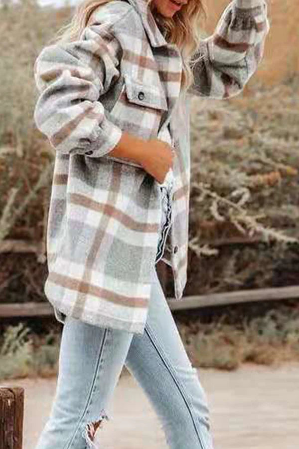 Plaid Pocket Buckle Turndown Collar Outerwear P282