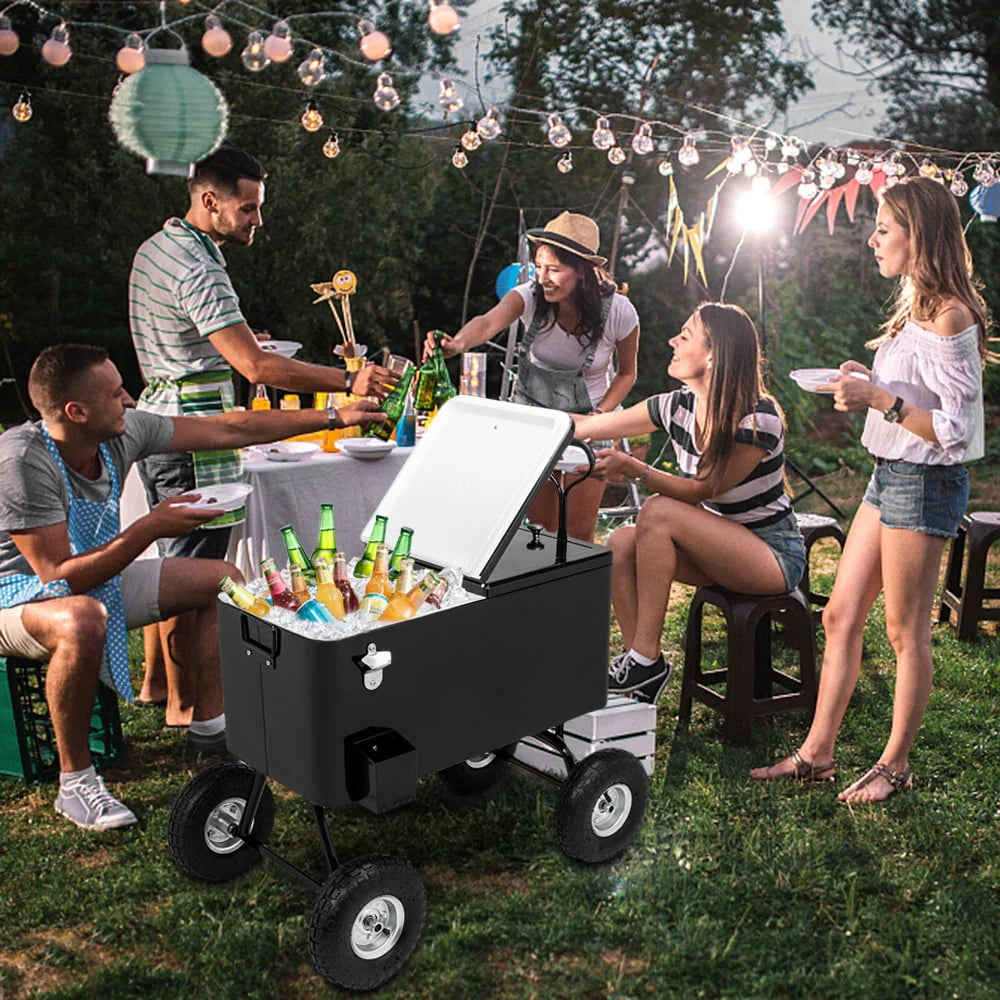 80 Quart Rolling Cooler Ice Chest with Long Handle and 10 Wheels Y688