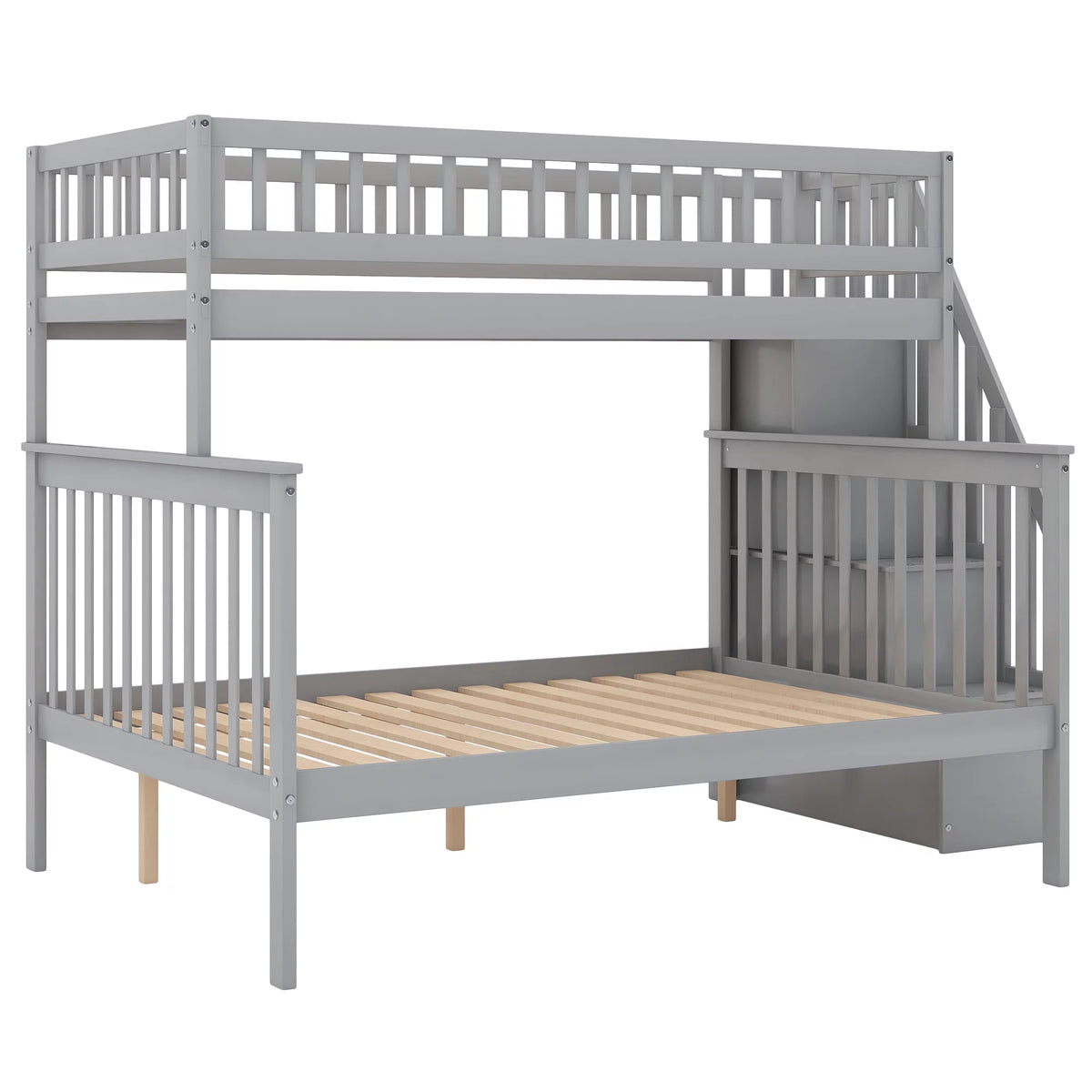 Gray Wood Twin over Full Bunk Bed with Stairs and Storage Shelf D97504