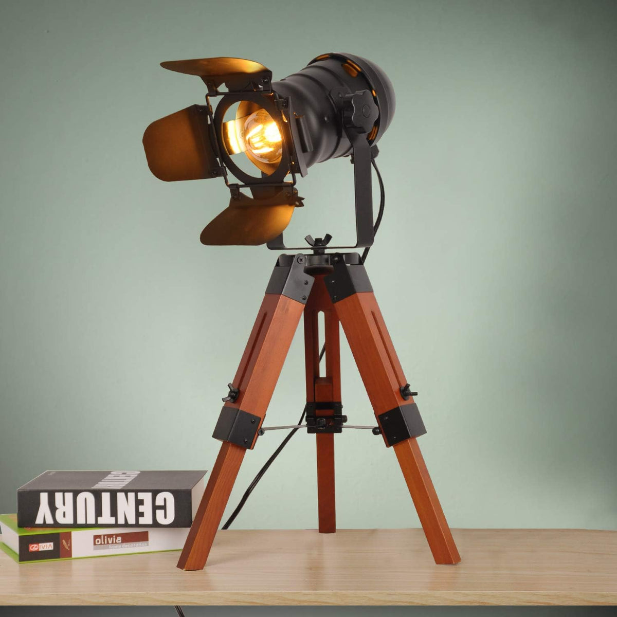 Industrial Tripod Floor Table Lamp Vintage Wood Searchlight Standing Lighting F114738