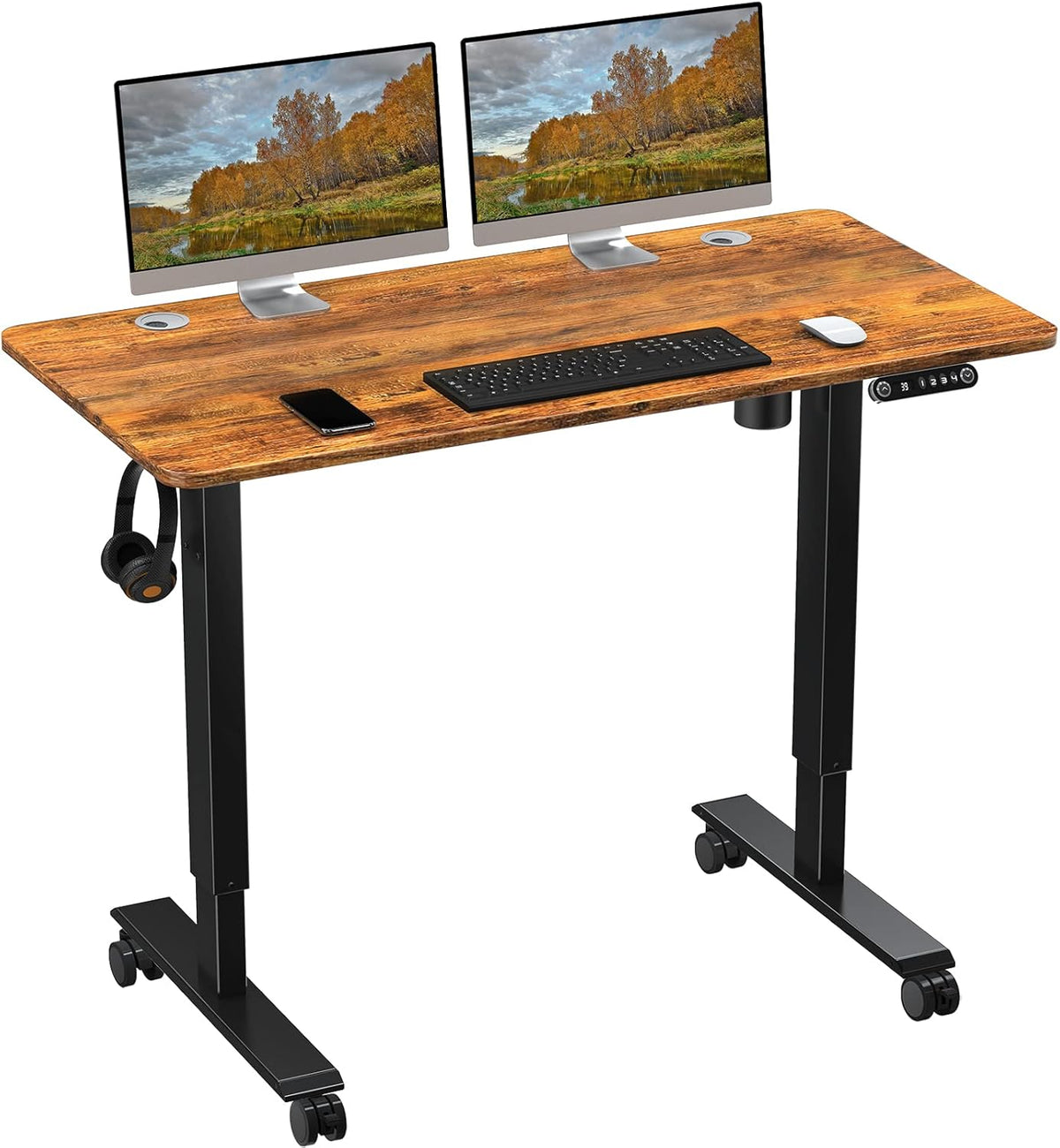 48 x 24 inch Walnut Top Black Frame Electric Standing Desk with Casters N582