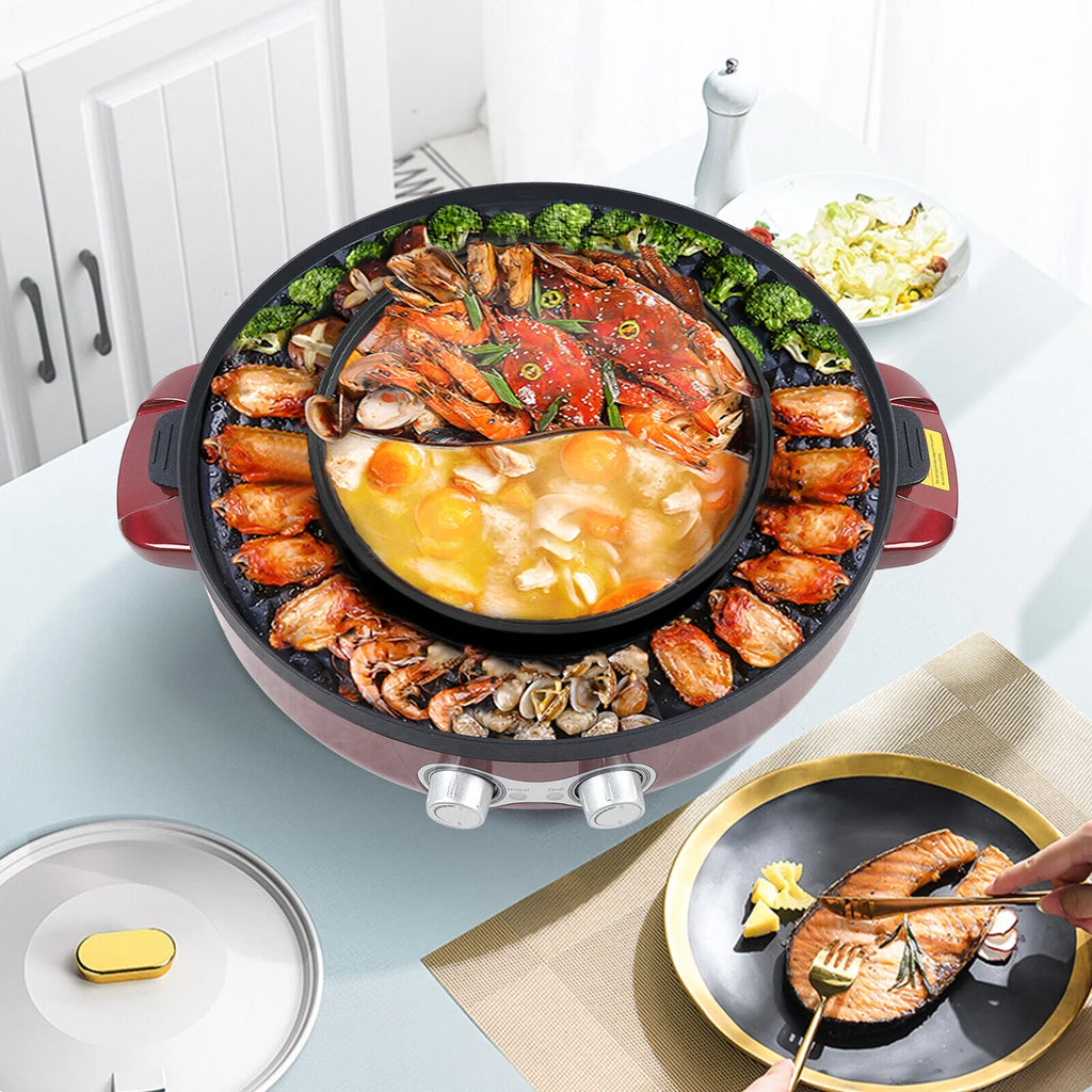 2 in 1 Electric Soup Shabu Pot Smokeless Grill Hot Pot 2200W Red N565956