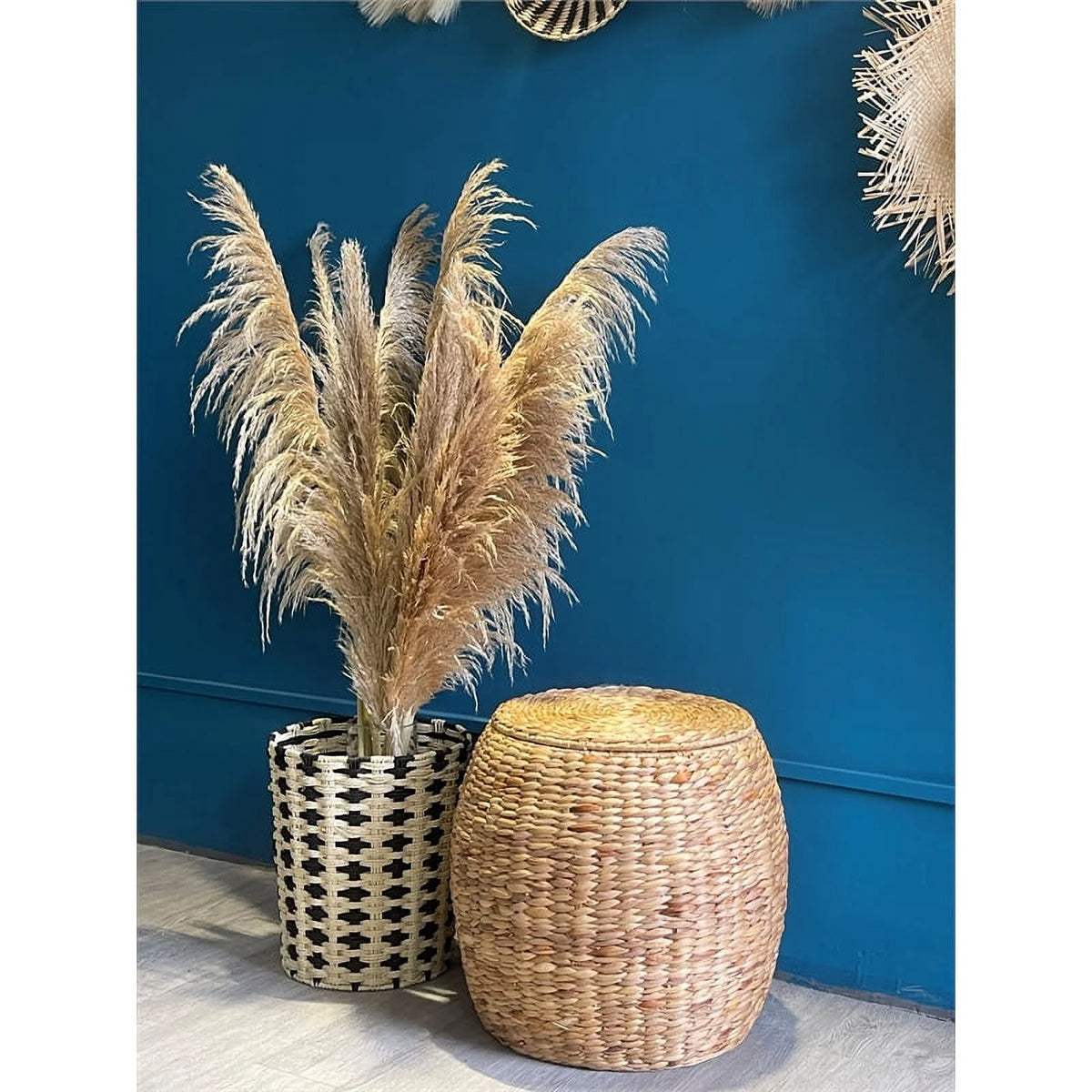 Beige Wicker Rattan Storage Ottoman Basket with Lid N332494