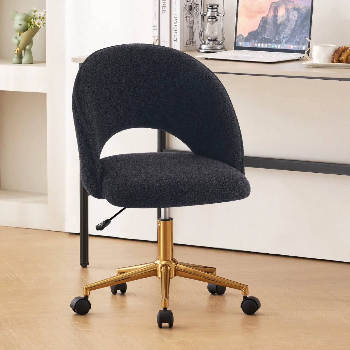 Black Faux Sherpa Upholstered Swivel Home Office Chair E444163