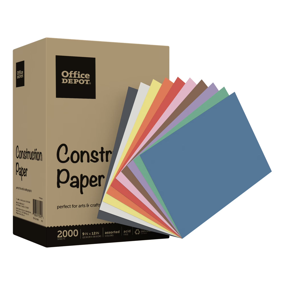 Construction Paper, 9" x 12", 100% Recycled, Assorted Colors, Pack Of 2,000 Sheets M15548