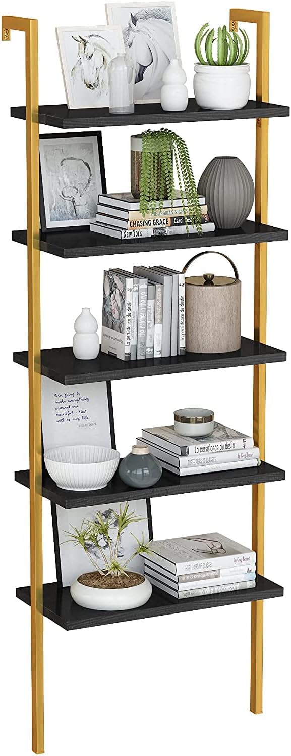 5 Tier Black Industrial Bookshelf with Metal Frame J3752