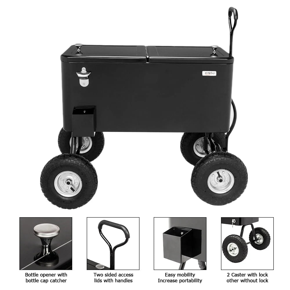 80 Quart Rolling Cooler Ice Chest with Long Handle and 10 Wheels Y688