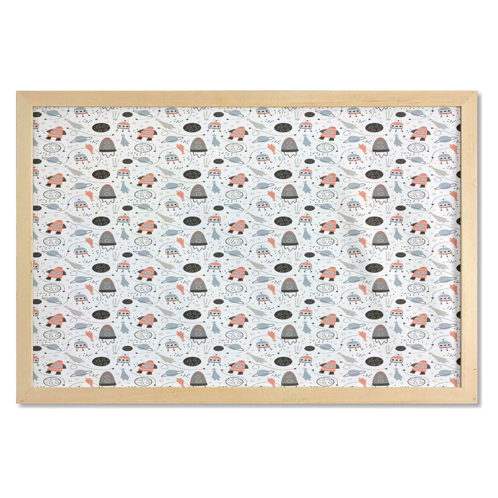 Cartoon Wall Art with Frame, Hand Drawn Outer Space UFO and Spaceship Exploring Stars and Beyond, Printed Fabric Poster, 35" x 23", Pale Blue Black E518953