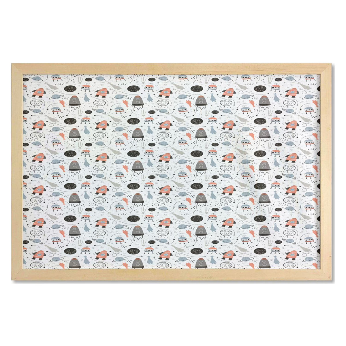 Cartoon Wall Art with Frame, Hand Drawn Outer Space UFO and Spaceship Exploring Stars and Beyond, Printed Fabric Poster, 35" x 23", Pale Blue Black E518953