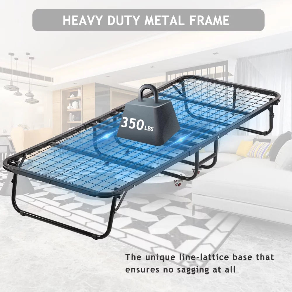 Folding Bed Frame with Wheel, Rollaway Bed with Mattress, Foldable Twin Bed with Memory Foam Mattress Z3223