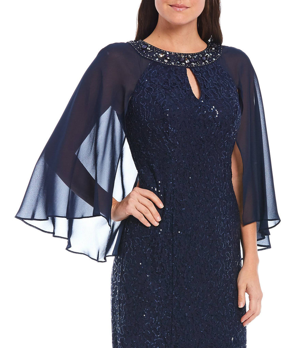 Sequined Cape Gown O86001