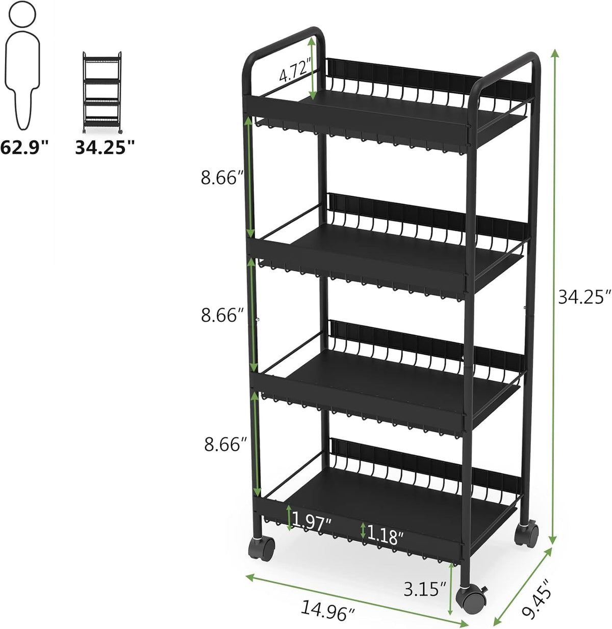 4-Tier Metal Rolling Utility Cart with Wheels U423647