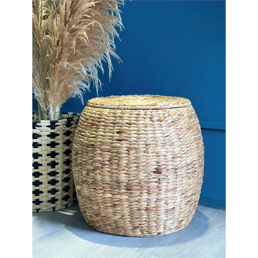 Beige Wicker Rattan Storage Ottoman Basket with Lid N332494