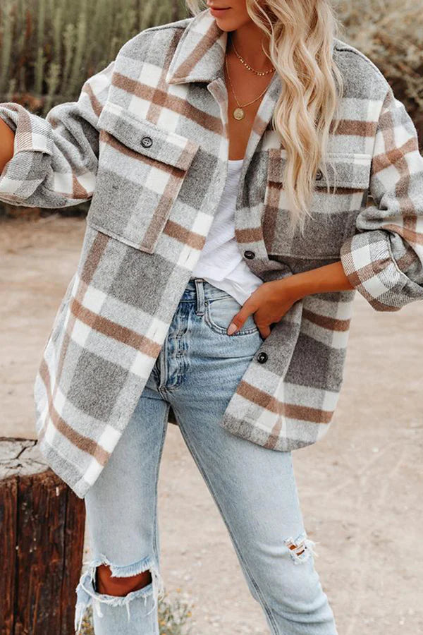 Plaid Pocket Buckle Turndown Collar Outerwear P282