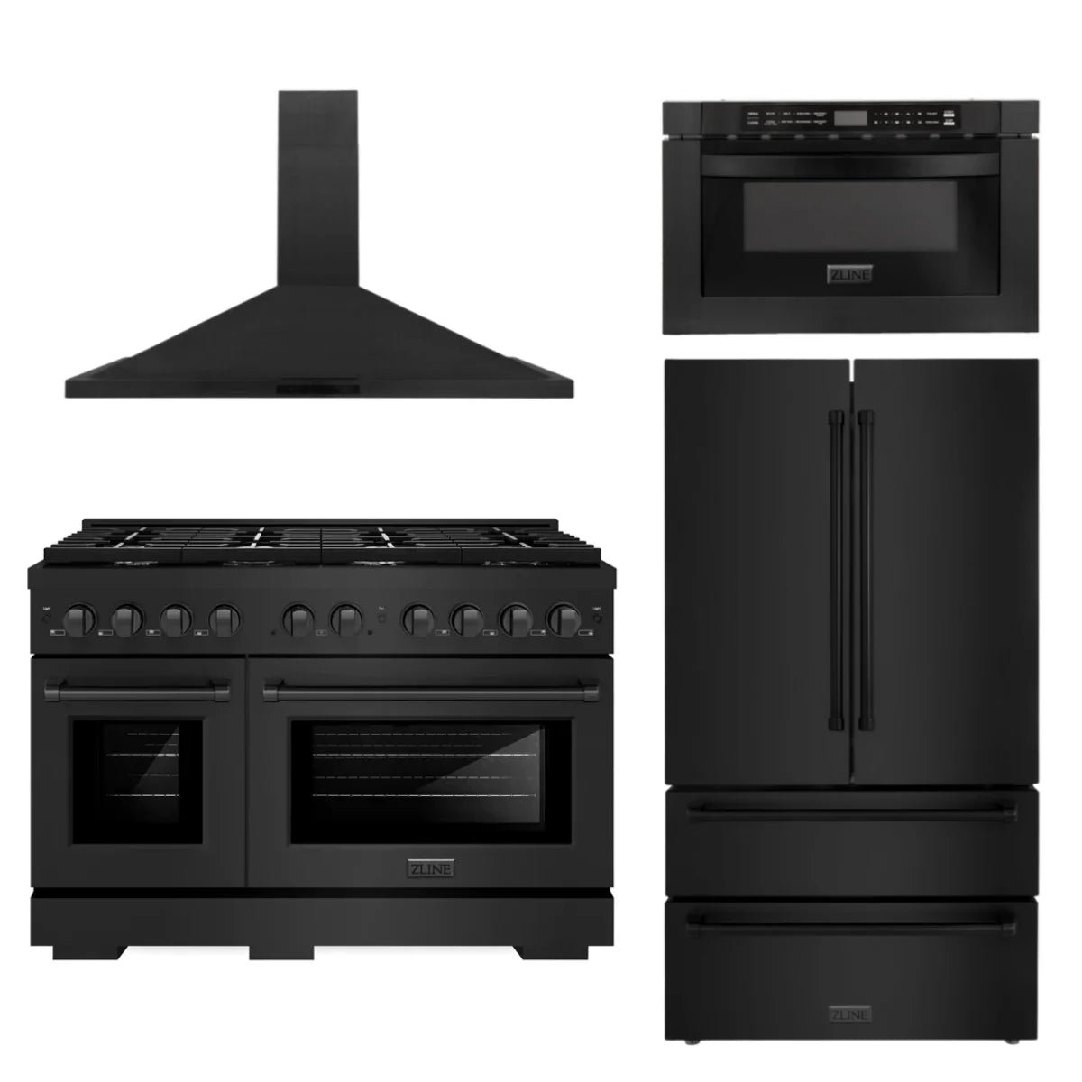 48 In. Gas Range, Refrigerator, Range Hood, Microwave Drawer in Black Stainless Steel Q8548