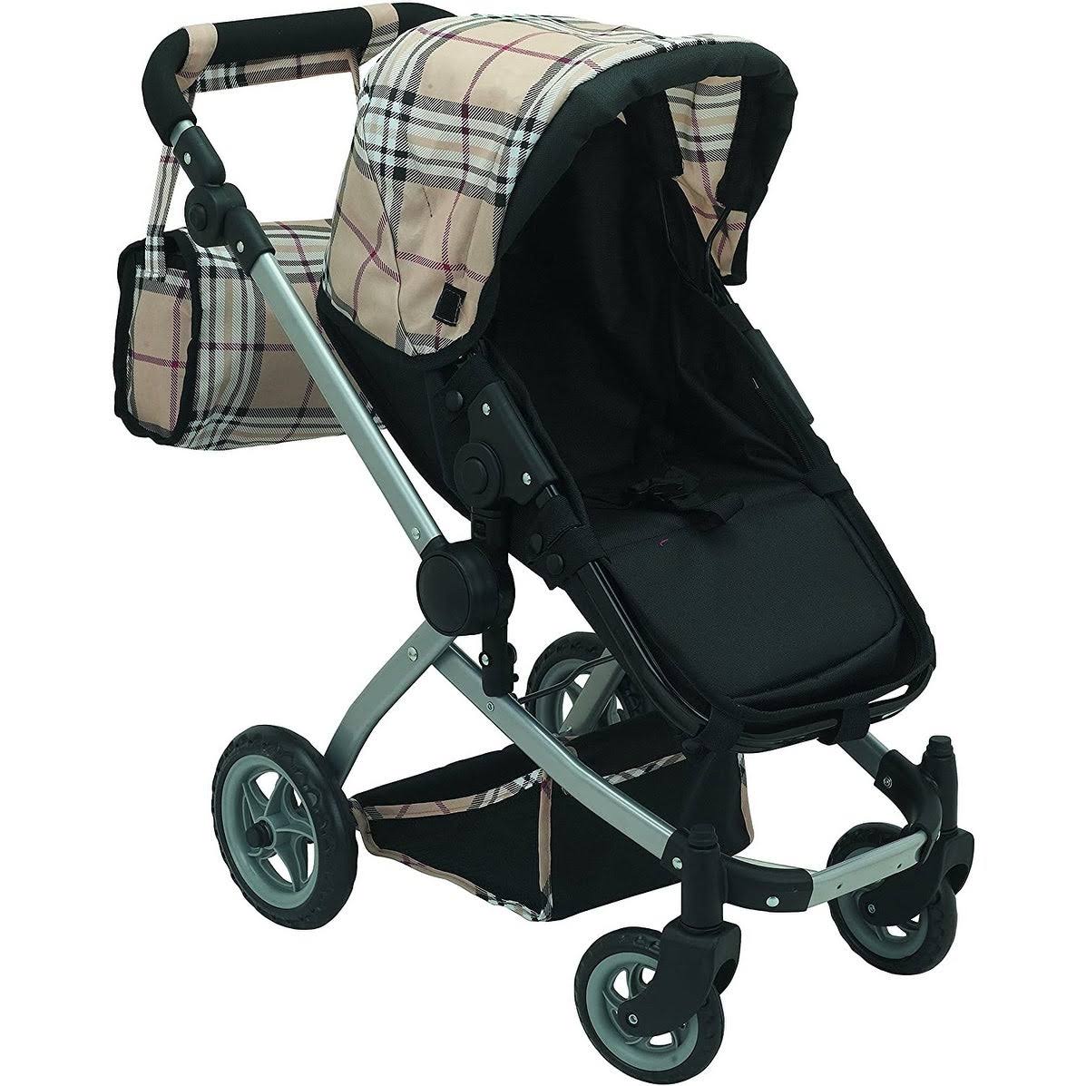 Beige Plaid Doll Pram with Swiveling Wheels and Adjustable Handle A6850