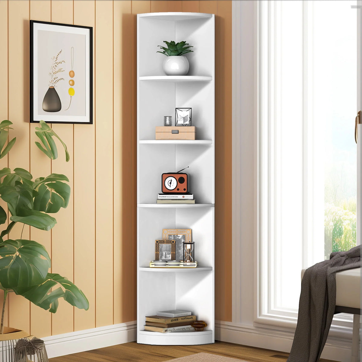 5 Tier White Corner Bookcase B490