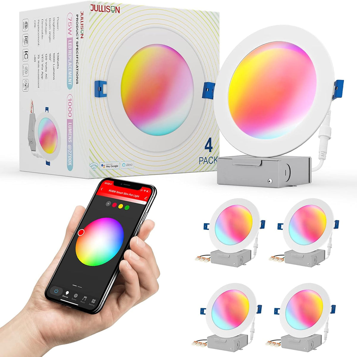 4 Packs Smart Slim Recessed Pot Light, RGB + 2700K-6000K, White T951