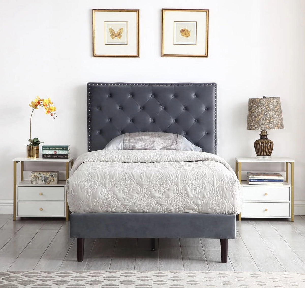 Gray Twin Upholstered Platform Bed Frame with Adjustable Headboard W763