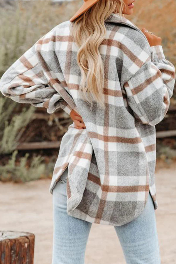 Plaid Pocket Buckle Turndown Collar Outerwear P282