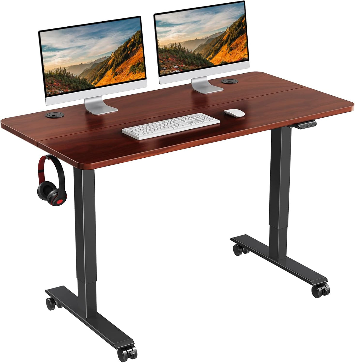 48 x 24 inch Walnut Top Black Frame Electric Standing Desk with Casters N582