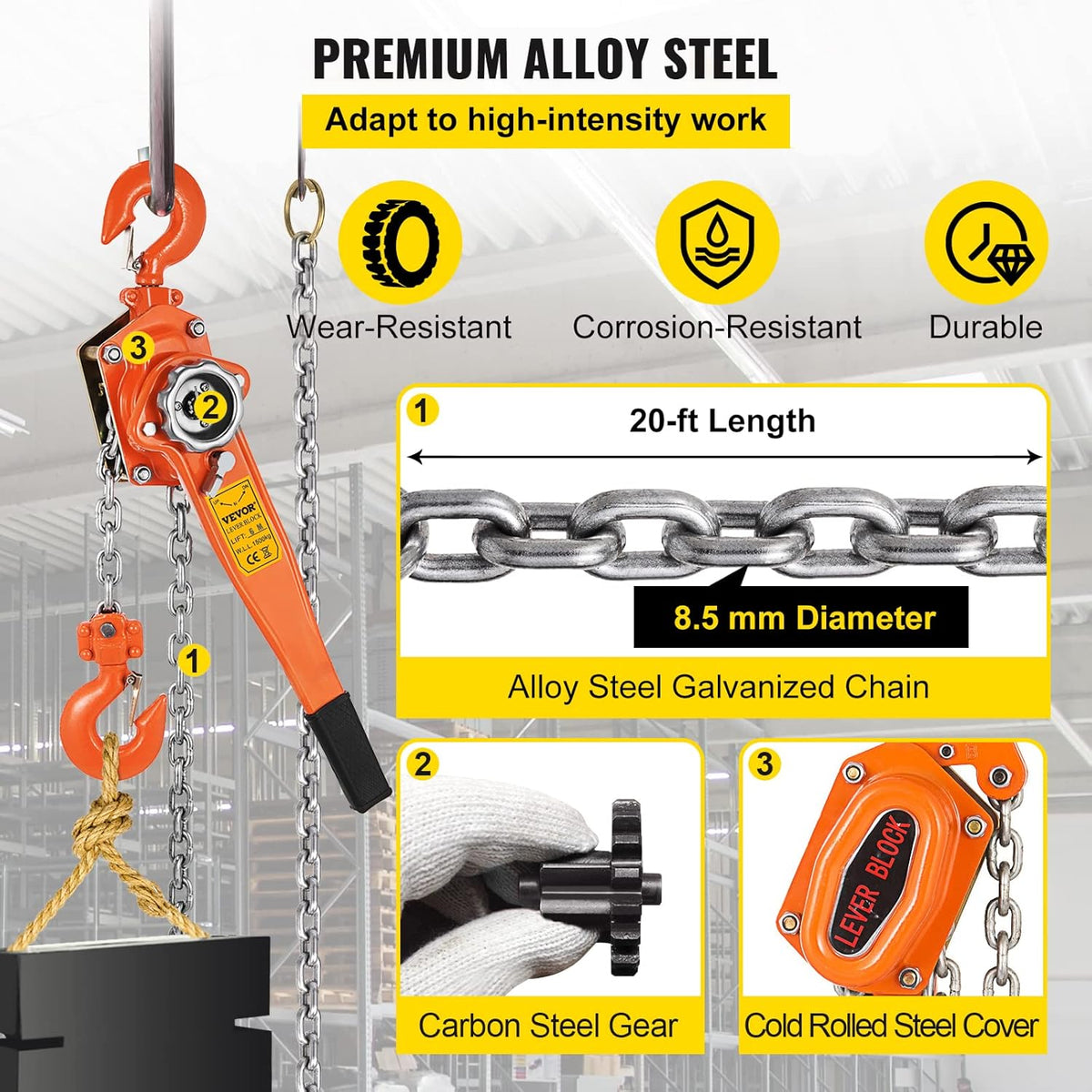 1.5Ton 3300lbs Capacity Ratchet Puller with 20FT Lifting Height, 2 Heavy Duty Steel Hooks B1940