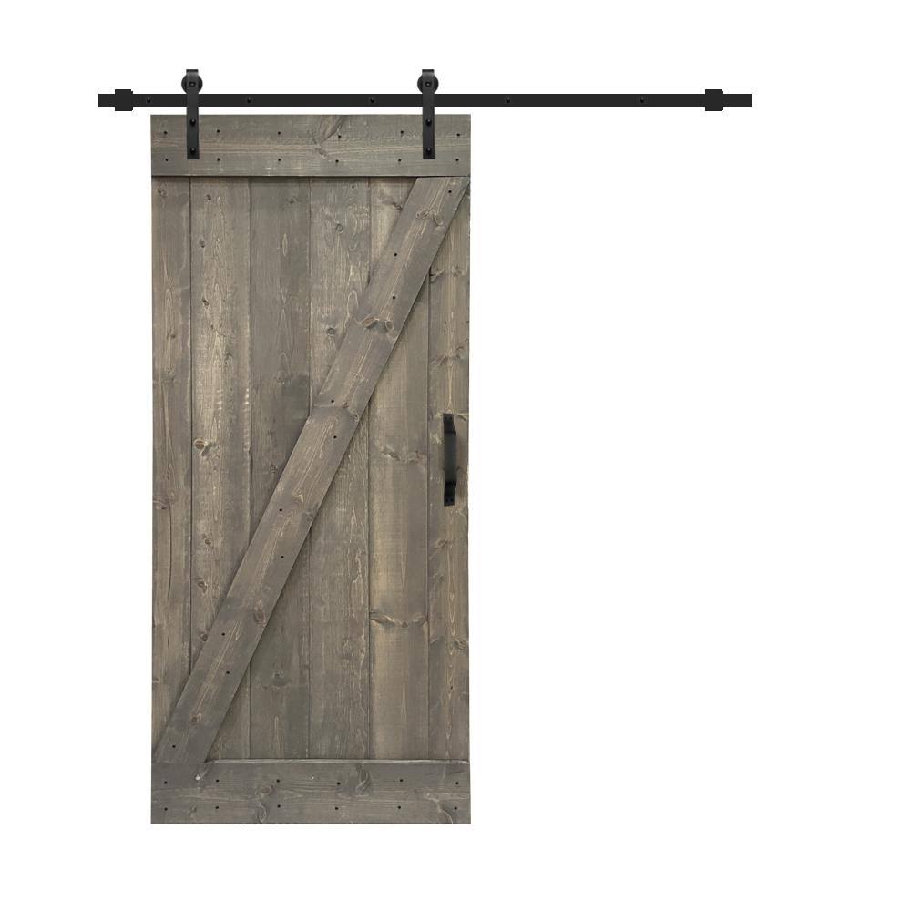 30 in. x 84 in. Weather Gray Stained Knotty Pine Wood Interior Sliding Barn Door with Hardware Kit and Handle I2621