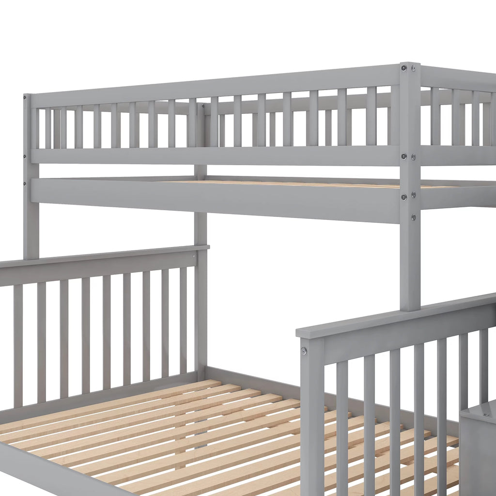 Gray Wood Twin over Full Bunk Bed with Stairs and Storage Shelf D97504