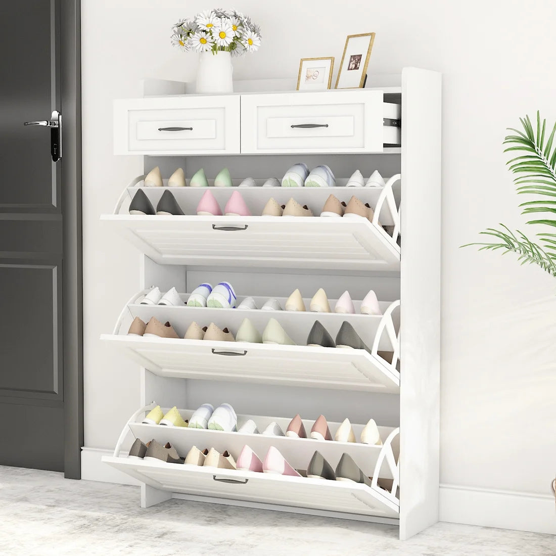 White Narrow 3 Door 2 Drawer Shoe Storage Cabinet I589024