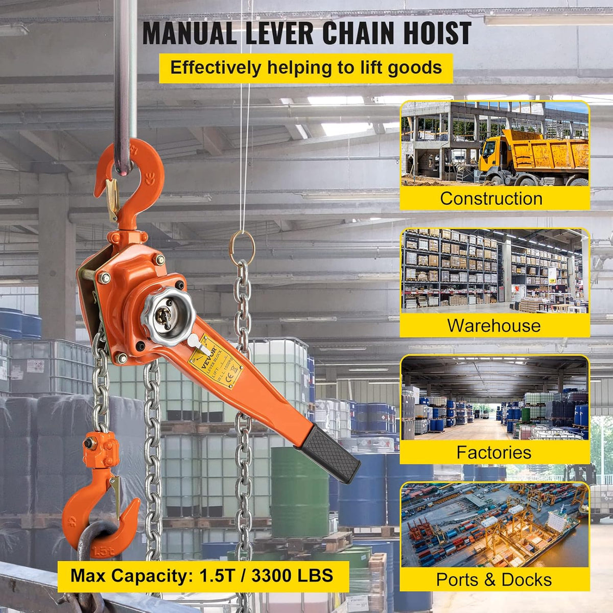 1.5Ton 3300lbs Capacity Ratchet Puller with 20FT Lifting Height, 2 Heavy Duty Steel Hooks B1940