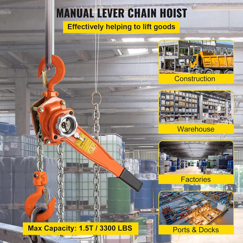 1.5Ton 3300lbs Capacity Ratchet Puller with 20FT Lifting Height, 2 Heavy Duty Steel Hooks B1940