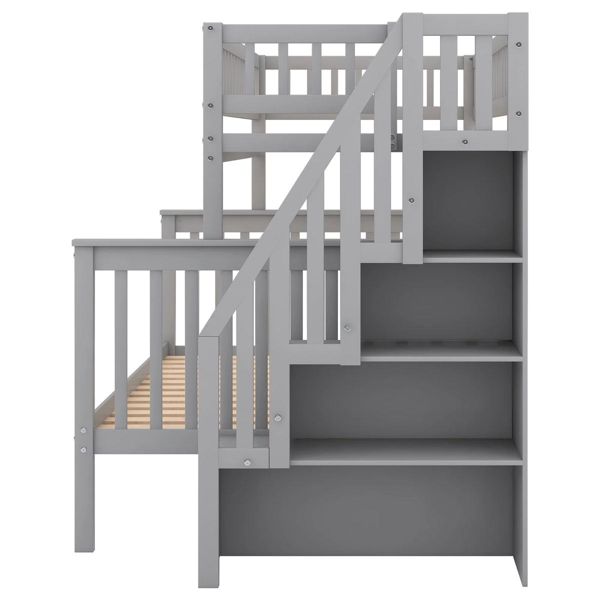 Gray Wood Twin over Full Bunk Bed with Stairs and Storage Shelf D97504