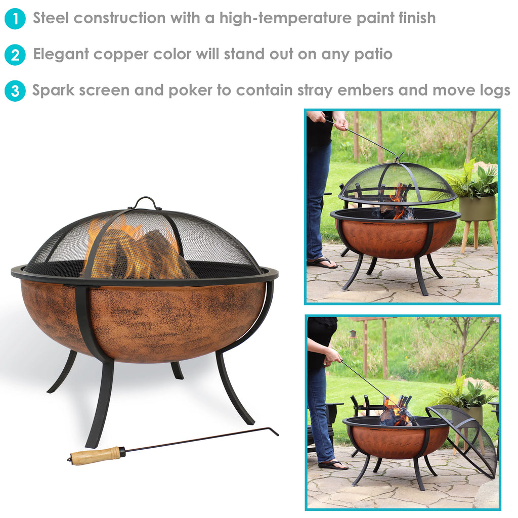 Copper Raised Outdoor Fire Pit Bowl with Spark Screen - 32" Z12179