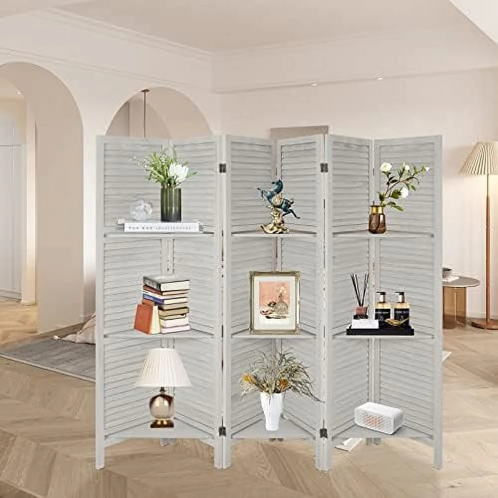 Wood 4 Panel Room Divider with Shelves Z9616
