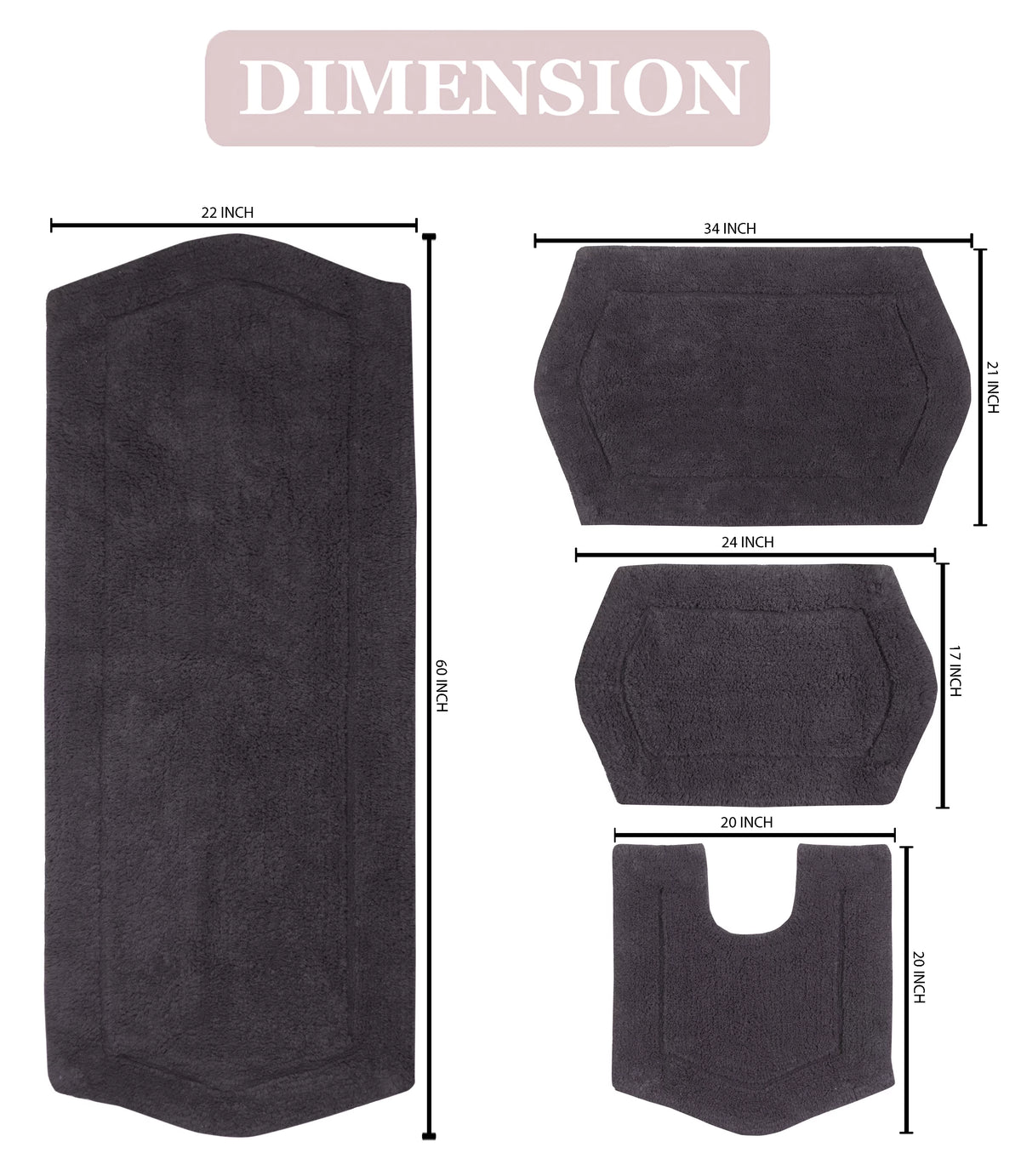 100% Cotton Non-Slip Machine Washable 4 Piece Bath Rug Set with Contour D893