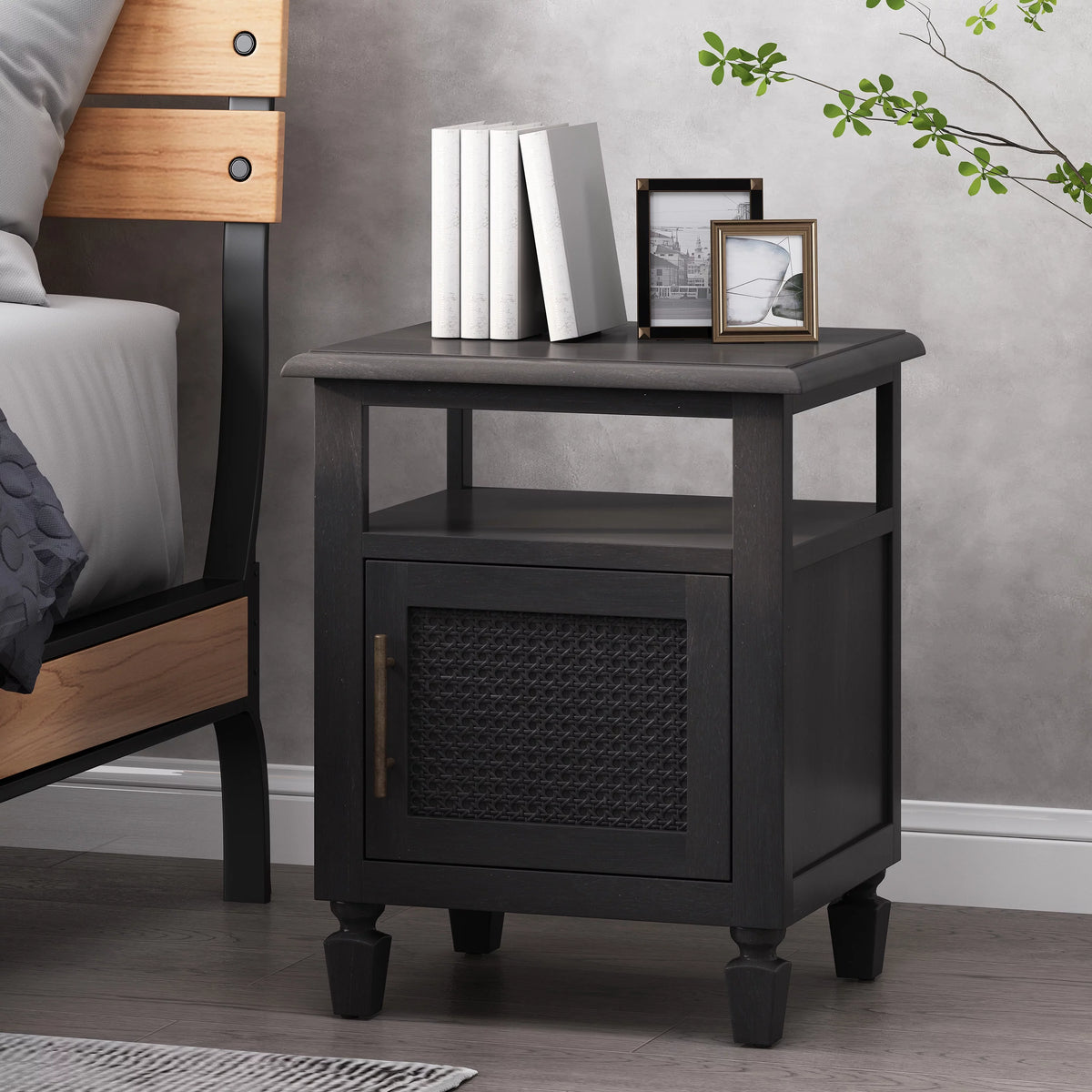 Rustic Acacia Wood and Cane Nightstand O5351