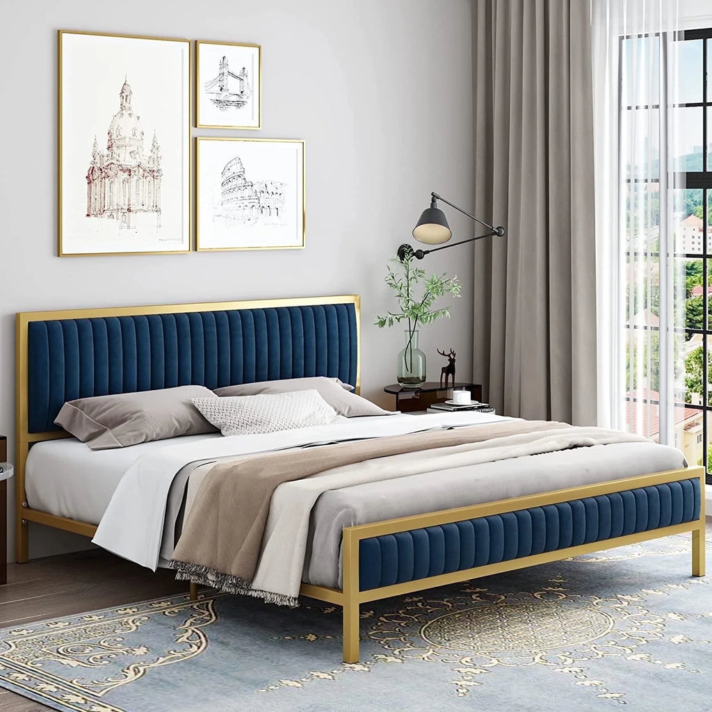 Full Size Metal Bed Frame with Velvet Tufted Headboard W723