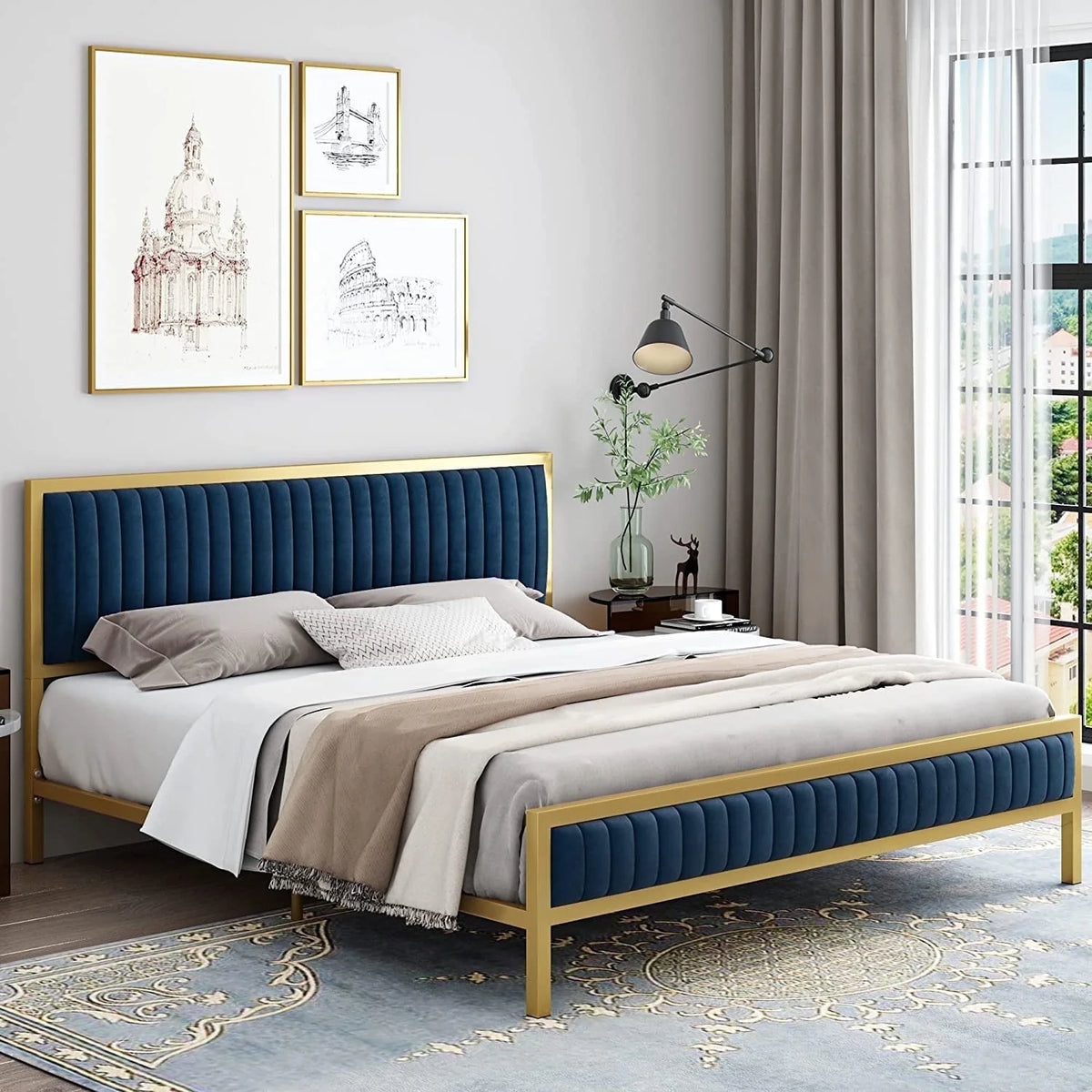 Full Size Metal Bed Frame with Velvet Tufted Headboard W723