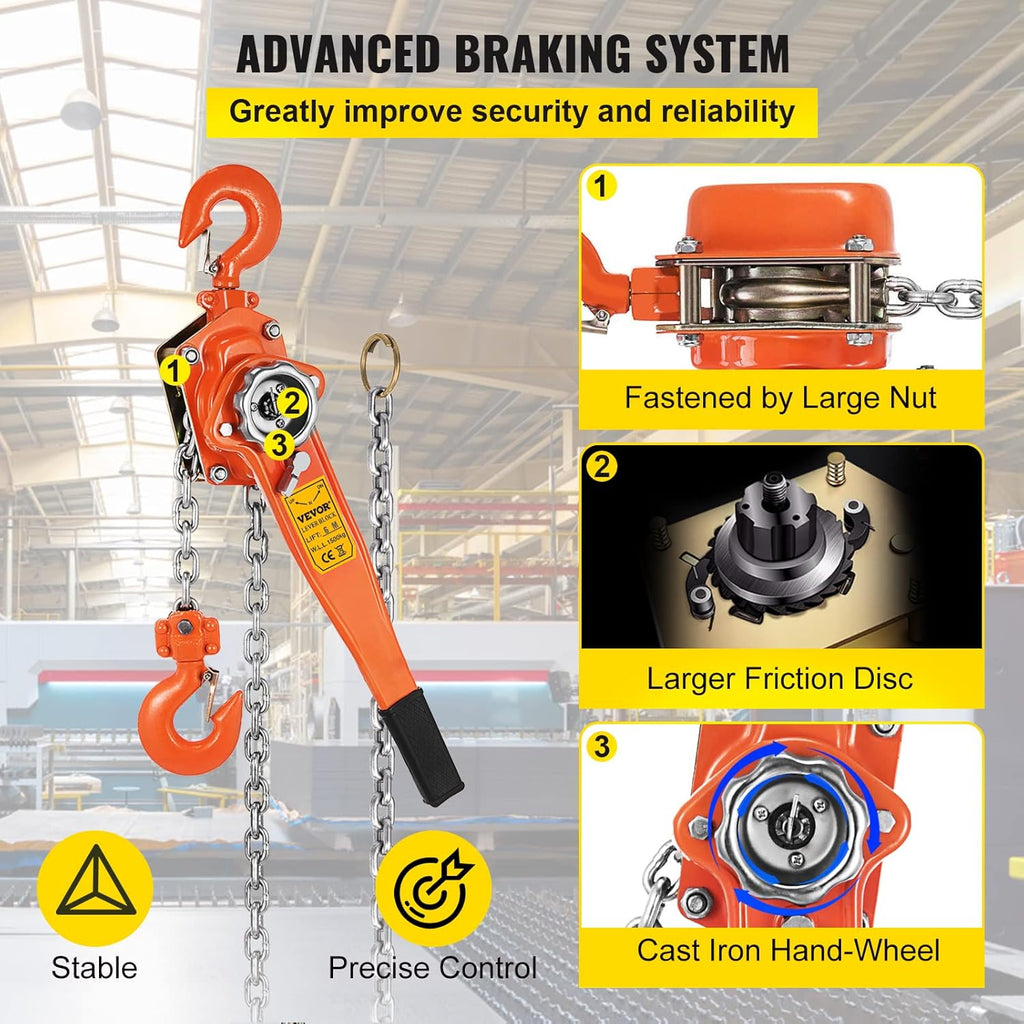 1.5Ton 3300lbs Capacity Ratchet Puller with 20FT Lifting Height, 2 Heavy Duty Steel Hooks B1940
