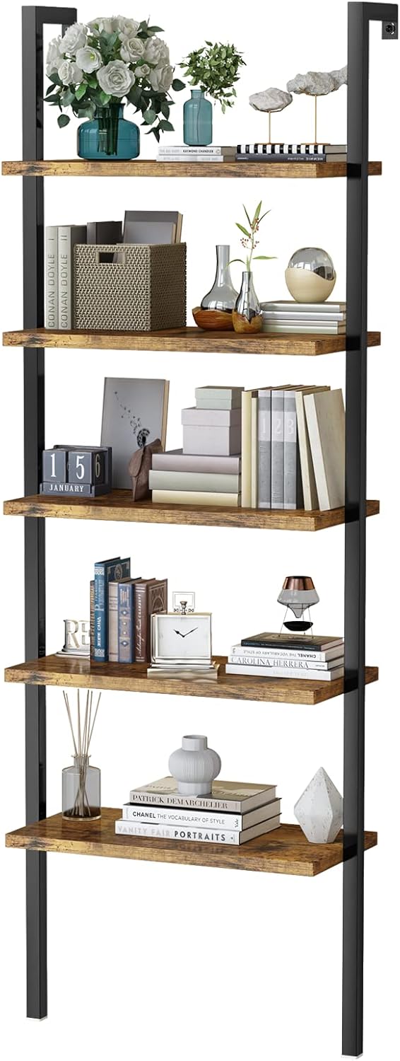 5 Tier Black Industrial Bookshelf with Metal Frame J3752