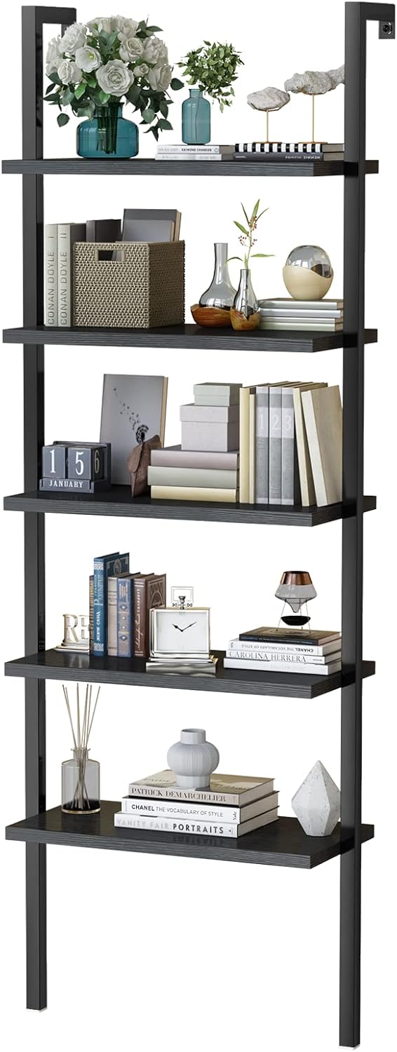 5 Tier Black Industrial Bookshelf with Metal Frame J3752