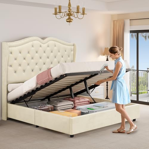 Queen Velvet Upholstered Storage Bed Frame with Headboard M273335