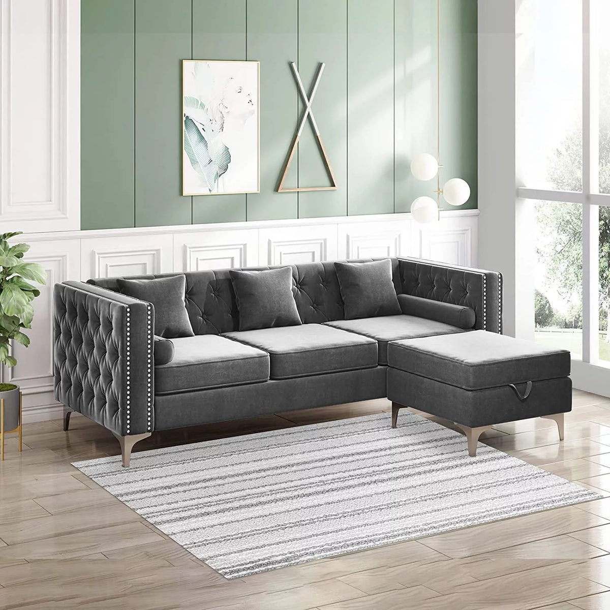 Velvet Grey L-Shaped Sectional Sofa with Chaise A16746