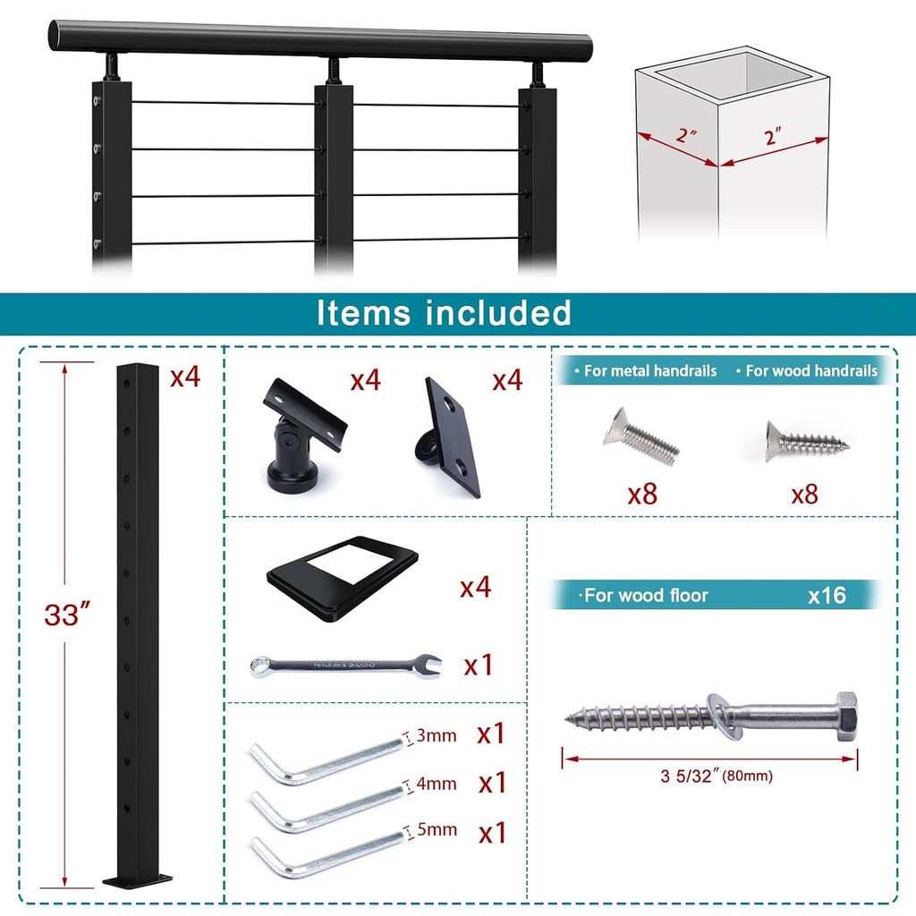 4 Pack 36x2x2 Stainless Steel Black Cable Railing Post B610865