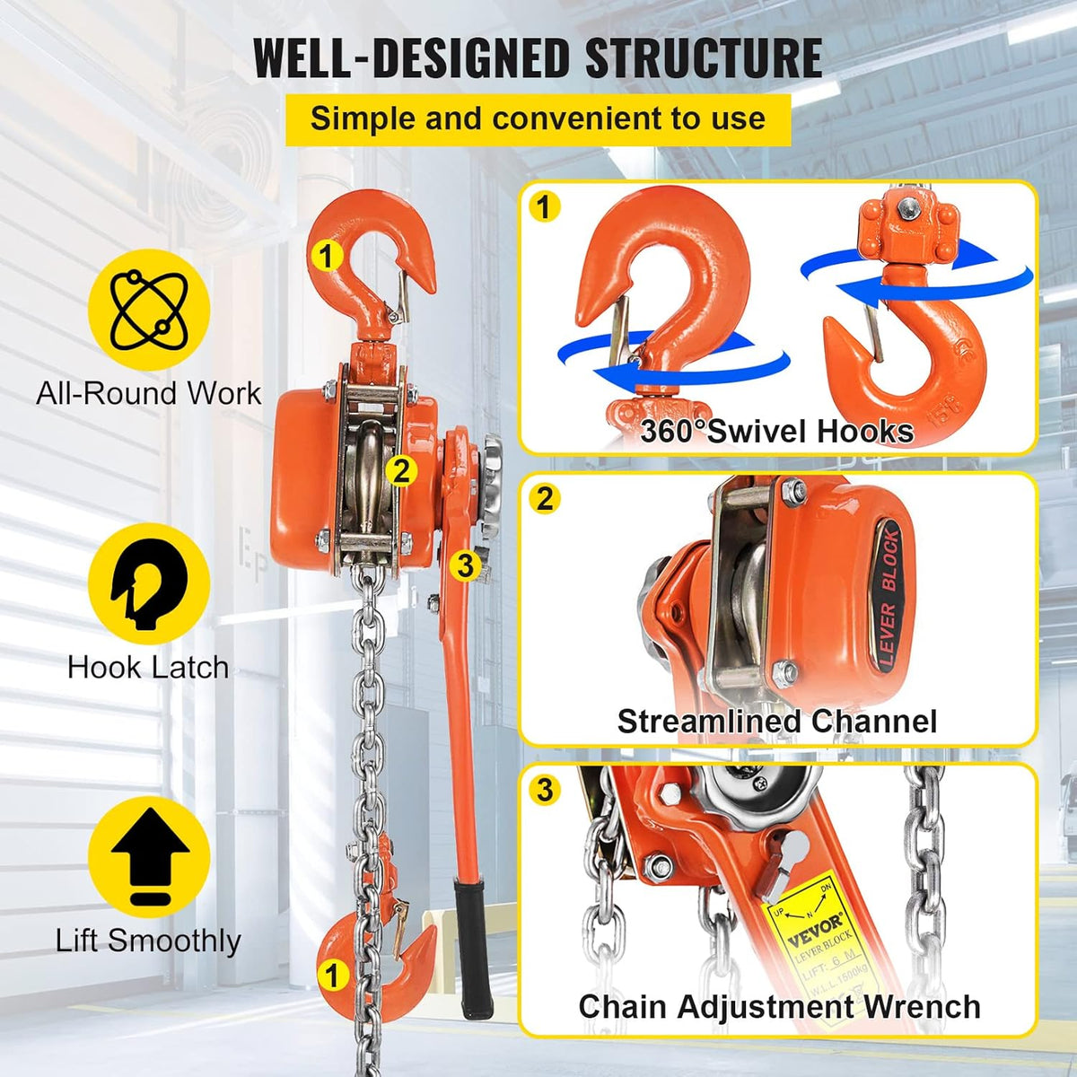 1.5Ton 3300lbs Capacity Ratchet Puller with 20FT Lifting Height, 2 Heavy Duty Steel Hooks B1940