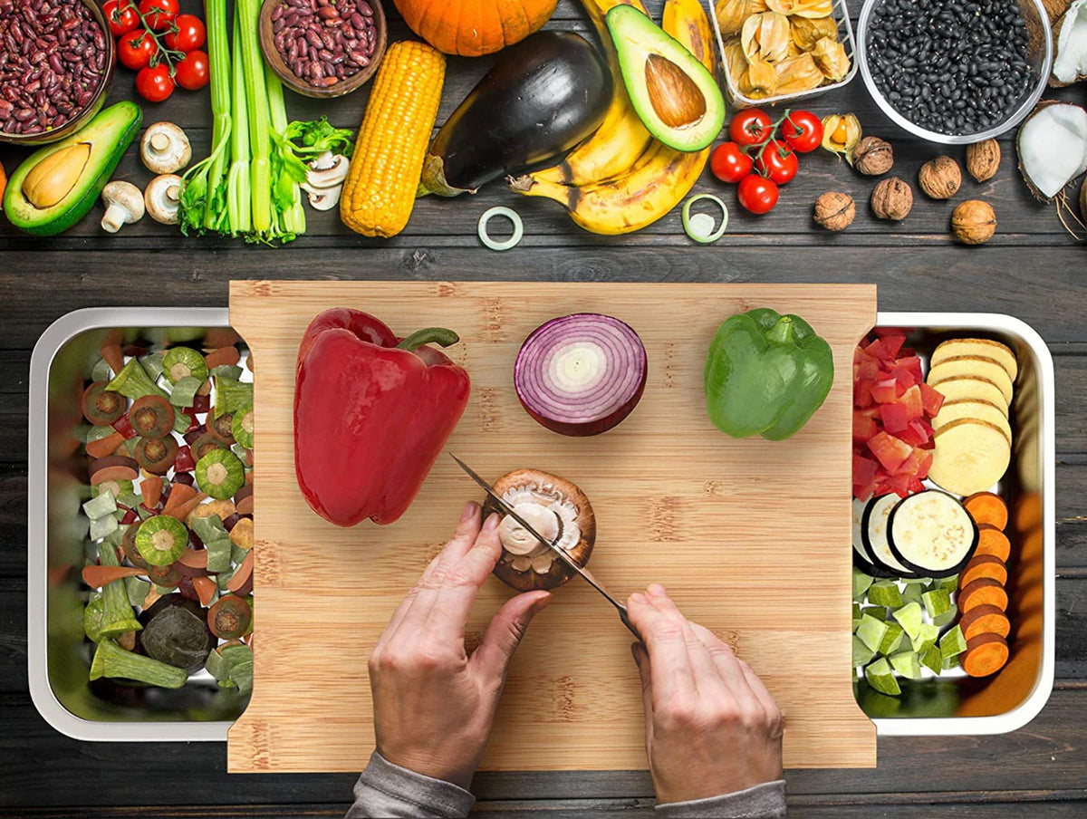 Bamboo Cutting Board with 2 Stainless Steel Trays V142