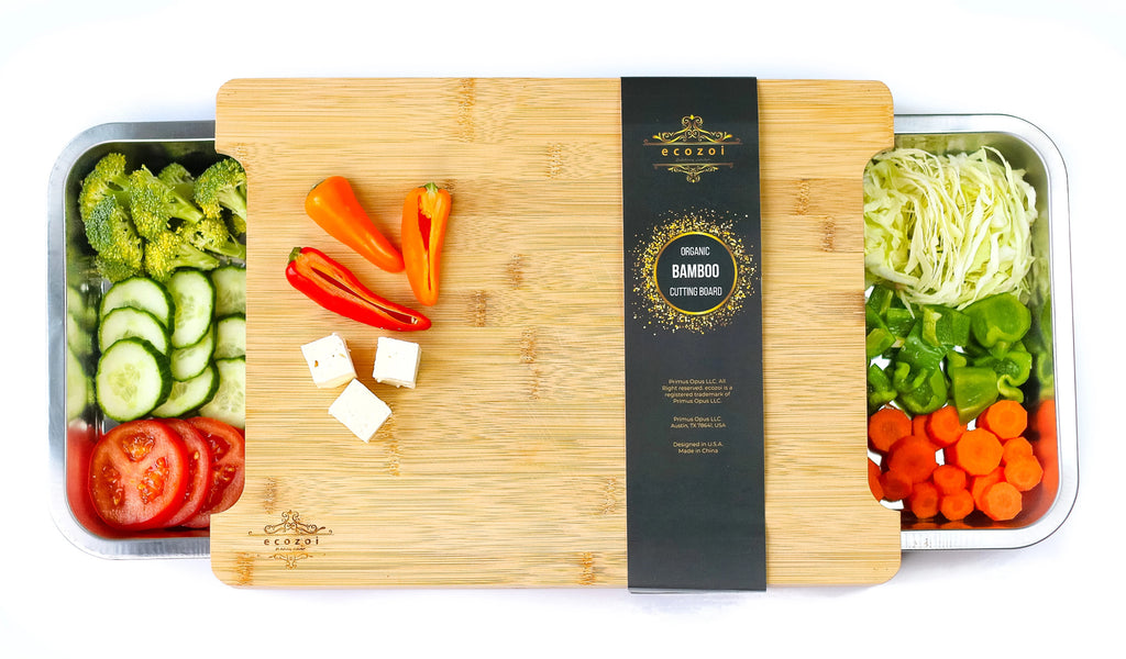 Bamboo Cutting Board with 2 Stainless Steel Trays V142